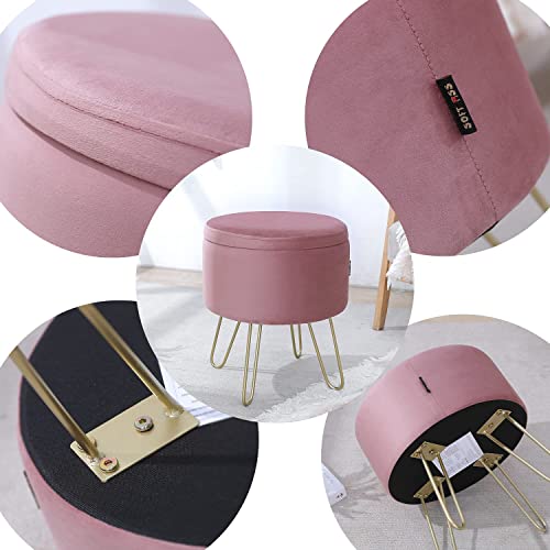 SOFT ASS Fashionable Velvet Round Storage Ottoman Footrest Stool with Vanity Chair and Tray Top Coffee Table/Gold Metal U-Legs (Deep Pink)