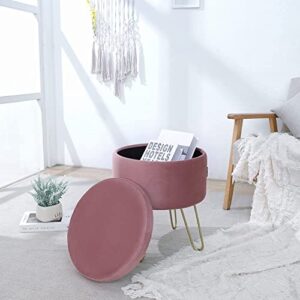 SOFT ASS Fashionable Velvet Round Storage Ottoman Footrest Stool with Vanity Chair and Tray Top Coffee Table/Gold Metal U-Legs (Deep Pink)