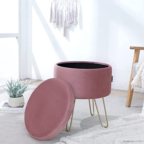 SOFT ASS Fashionable Velvet Round Storage Ottoman Footrest Stool with Vanity Chair and Tray Top Coffee Table/Gold Metal U-Legs (Deep Pink)