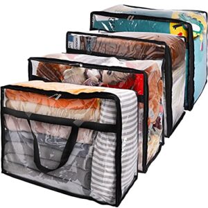 sghuo clear zippered storage bag, plastic vinyl clear storage bag for blanket clothes, comforter, bedding, moving bag with zipper and reinforced handle (4pcs)
