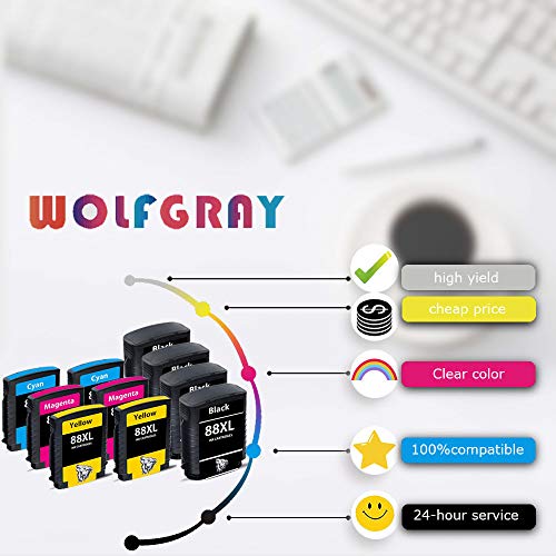 Wolfgray 88XL Ink Cartridge Compatible for HP 88XL 88 XL Ink Cartridge for HP Officejet Pro K5400 K550 K8600 L7480 L7550 L7580 L7590 L7650 L7680 L7750 L7780 Printer(4Black 2Cyan 2Magenta 2Yellow)