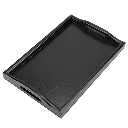 Portable Binaural Rectangle Solid Wood Food Serving Tray, Tea Coffee Snack Food Serving Tray Plate (Black)