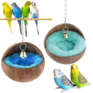 2 pcs natural coconut shell bird nest house bed breeding nesting anti-pecking bite with warm pad and bell for bird parrot budgie parakeet cockatiel conure lovebird canary finch
