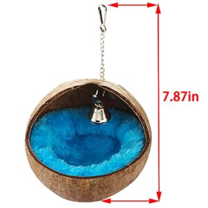 2 Pcs Natural Coconut Shell Bird Nest House Bed Breeding Nesting Anti-Pecking Bite with Warm Pad and Bell for Bird Parrot Budgie Parakeet Cockatiel Conure Lovebird Canary Finch