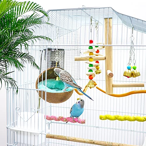 2 Pcs Natural Coconut Shell Bird Nest House Bed Breeding Nesting Anti-Pecking Bite with Warm Pad and Bell for Bird Parrot Budgie Parakeet Cockatiel Conure Lovebird Canary Finch