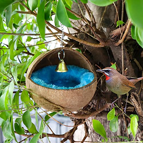 2 Pcs Natural Coconut Shell Bird Nest House Bed Breeding Nesting Anti-Pecking Bite with Warm Pad and Bell for Bird Parrot Budgie Parakeet Cockatiel Conure Lovebird Canary Finch