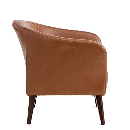 Edenbrook Collins Button Tufted Barrel Wood Legs – Upholstered Tub Chair for Living Room, Camel Faux Leather