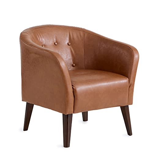 Edenbrook Collins Button Tufted Barrel Wood Legs – Upholstered Tub Chair for Living Room, Camel Faux Leather