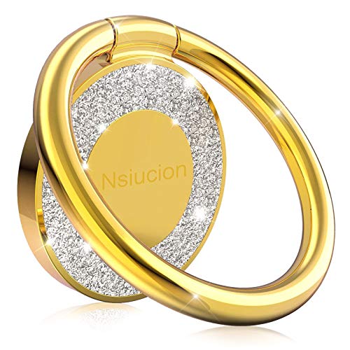 Nsiucion Cell Phone Ring Holder Stand, Glitter Finger Kickstand, 360 Degree Rotation Metal Ring Grip Holder for Magnetic Car Mount Compatible with All Smartphone (Gold)