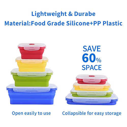 Collapsible Silicone Food Storage Containers with BPA Free Lid Meal Prep Containers Space Saver for Kitchen, Bento Lunch Boxes, Travel Picnic, Leftover, Microwave, Refrigerator Set of 4