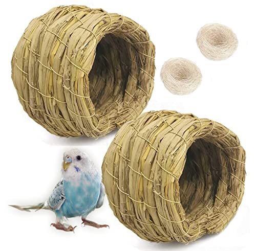 kathson Straw Bird Nest Natural Fiber Birdcage Birdhouse Parrot Hideaway Shelter Hut Parakeet Perch Hanging Bell Toys for Small Finch Canary Lovebird Resting Breeding Playing 4PCS