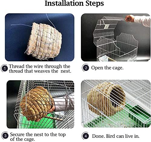 kathson Straw Bird Nest Natural Fiber Birdcage Birdhouse Parrot Hideaway Shelter Hut Parakeet Perch Hanging Bell Toys for Small Finch Canary Lovebird Resting Breeding Playing 4PCS