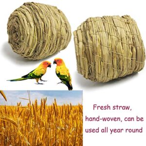 kathson Straw Bird Nest Natural Fiber Birdcage Birdhouse Parrot Hideaway Shelter Hut Parakeet Perch Hanging Bell Toys for Small Finch Canary Lovebird Resting Breeding Playing 4PCS