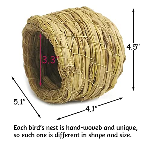 kathson Straw Bird Nest Natural Fiber Birdcage Birdhouse Parrot Hideaway Shelter Hut Parakeet Perch Hanging Bell Toys for Small Finch Canary Lovebird Resting Breeding Playing 4PCS