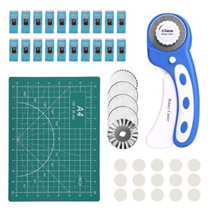 rotary cutter set, 42pcs self healing cutting mat kit - 45mm rotary fabric cutter with 5 extra cutter blades, a4 cutting mat, 20 craft clips, 15 non-slip grips, sewing supplies for crafting sewing