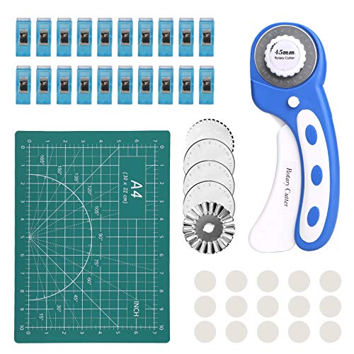 Rotary Cutter Set, 42Pcs Self Healing Cutting Mat Kit - 45mm Rotary Fabric Cutter with 5 Extra Cutter Blades, A4 Cutting Mat, 20 Craft Clips, 15 Non-Slip Grips, Sewing Supplies for Crafting Sewing