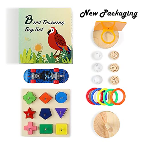 Bird Toys for Parakeets,5pcs Parrot Toys Set （Include Bird Basketball Toy、Bird Skateboard、Bird Stacking Toy、Parrot Wooden Block Puzzles Toy、Small Sepak Takraw）,Parakeet Toys、for Bird Training Toys12