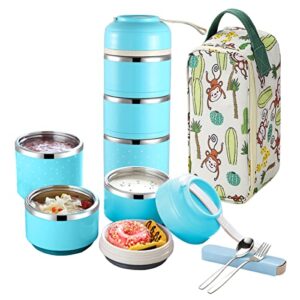 tilemiun stackable bento lunch box,stainless steel lunch containers with lunch bag & utensil,portable leakproof food containers for adults kids school picnic (blue)