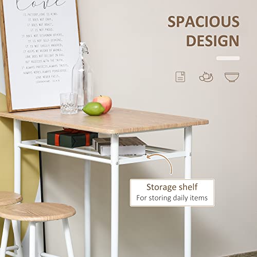 HOMCOM 3 Piece Counter Height Bar Table and Chairs Set, Space Saving Dining Table with 2 Matching Stools, Storage Shelf Metal Frame Footrest, White, Oak