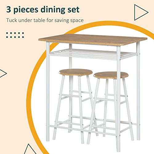 HOMCOM 3 Piece Counter Height Bar Table and Chairs Set, Space Saving Dining Table with 2 Matching Stools, Storage Shelf Metal Frame Footrest, White, Oak