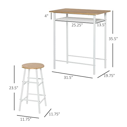 HOMCOM 3 Piece Counter Height Bar Table and Chairs Set, Space Saving Dining Table with 2 Matching Stools, Storage Shelf Metal Frame Footrest, White, Oak