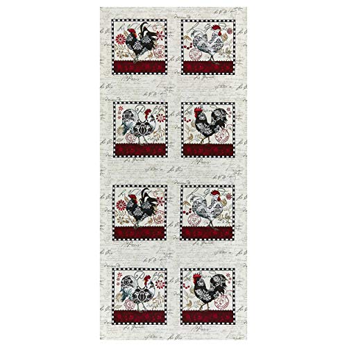 Studio E Fabrics Le Poulet Rooster Blocks 24'' Panel Fabric, Cream