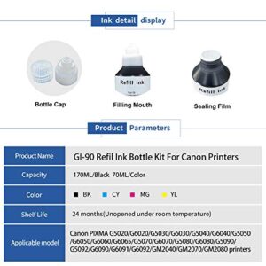 Aomya Compatible Canon GI-20 gi20 GI21 gi-21 Ink Refill Bottle Kit for Canon PIXMA G5020 G6020 G5030 G6030 G5040 G6040 G5050 G3260 G2260 G1220 Printers with Gloves (Black 170ml,CMY 70ml)