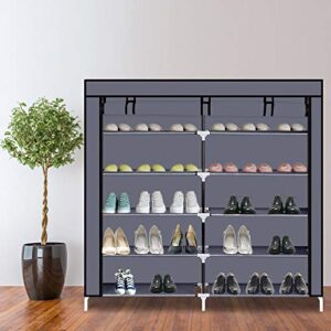 homen shoe rack storage organizer cabinet nonwoven fabric cover 2-row 6-tiers 12-compartment (grey)