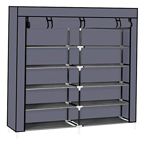 HOMEN Shoe Rack Storage Organizer Cabinet Nonwoven Fabric Cover 2-Row 6-Tiers 12-Compartment (Grey)