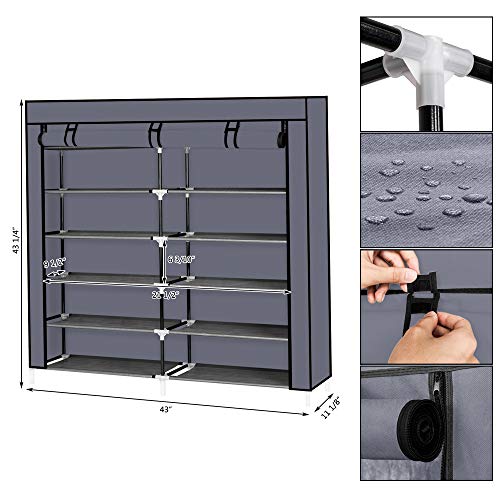 HOMEN Shoe Rack Storage Organizer Cabinet Nonwoven Fabric Cover 2-Row 6-Tiers 12-Compartment (Grey)