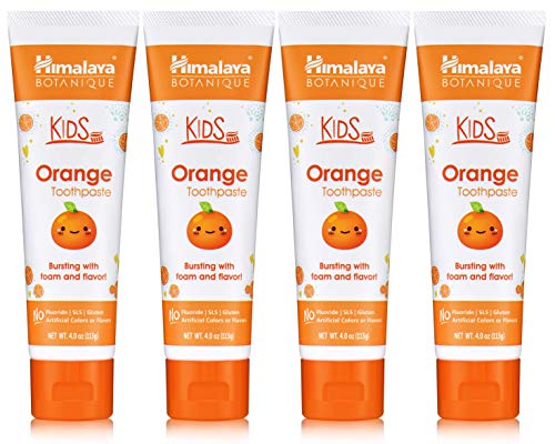 Himalaya Botanique Kids Toothpaste, Orange Flavor to Reduce Plaque and Keep Kids Brushing Longer, Fluoride Free, 4 oz, 4 Pack