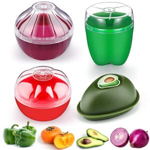 4 pieces silicone fruit and vegetable shaped savers, storage containers for fridge, avocado green pepper tomato and onion keeper/saver/holder, refrigerator vegetable crisper