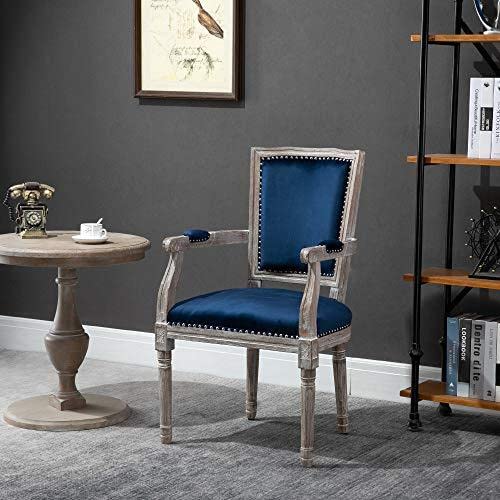 HOMCOM Vintage Dining Chair with High Back, Thick Sponge Padded Seat and Section Armrest with Wood Frame, Blue