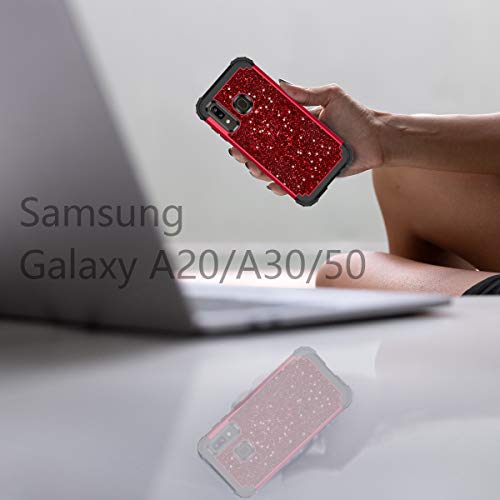 Hekodonk for Galaxy A20/A30/A50 Case, Heavy Duty Shockproof Protection Hard Plastic+Silicone Rubber Hybrid Protective Case for Samsung Galaxy A20/A30/A50-Bling Red