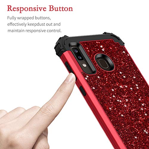 Hekodonk for Galaxy A20/A30/A50 Case, Heavy Duty Shockproof Protection Hard Plastic+Silicone Rubber Hybrid Protective Case for Samsung Galaxy A20/A30/A50-Bling Red