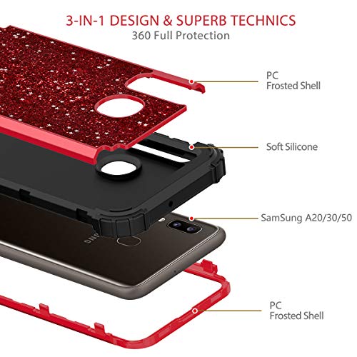 Hekodonk for Galaxy A20/A30/A50 Case, Heavy Duty Shockproof Protection Hard Plastic+Silicone Rubber Hybrid Protective Case for Samsung Galaxy A20/A30/A50-Bling Red