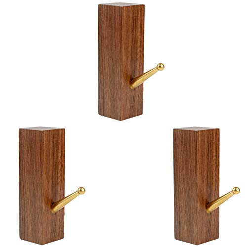 Pearlead Set of 3 Creative Wall Mounted Square Wooden Coat Hooks with Cooper Hook & Mounting Hardware Single Wall Hook Rack Clothes Hanger Organizer (Walnut)