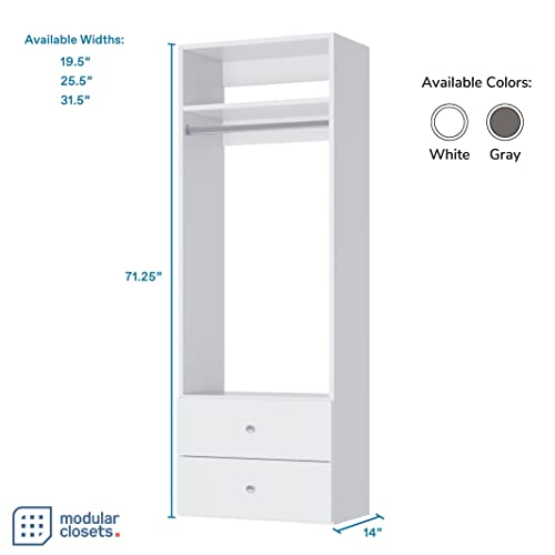 Hanging Closet Unit with Drawer (2) - Modular Closet System for Hanging - Corner Closet System - Closet Organizers and Storage Shelves (White, 19.5 inches Wide) Closet Shelves