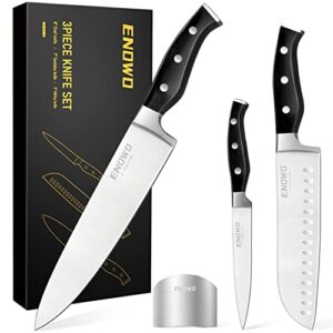 enowo chef knife ultra sharp kitchen knife set 3 pcs,premium german stainless steel knife with finger guard clad dimple,ergonomic handle and gift box