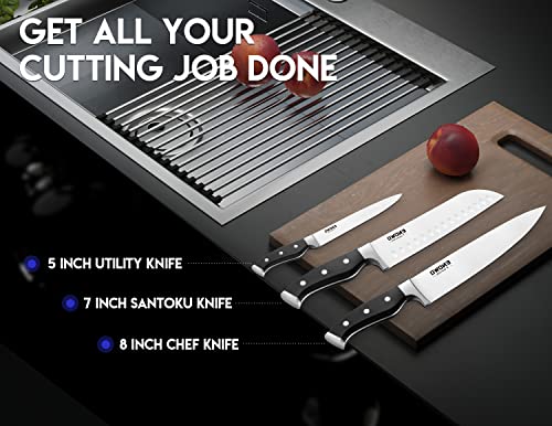 enowo Chef Knife Ultra Sharp Kitchen Knife Set 3 PCS,Premium German Stainless Steel Knife with Finger Guard Clad Dimple,Ergonomic Handle and Gift Box