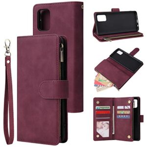 n9 compatible with samsung galaxy a52 5g wallet case,leather zipper magnetic 6 card slots purse protection back cover compatible with samsung galaxy a52 5g(wine red)