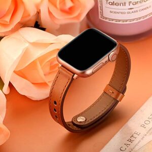 OUHENG Slim Band Compatible with Apple Watch Band 41mm 40mm 38mm, Women Genuine Leather Band Replacement Thin Strap for iWatch SE2 SE Series 8 7 6 5 4 3 2 1 (Brown/Rose Gold, 41mm 40mm 38mm)