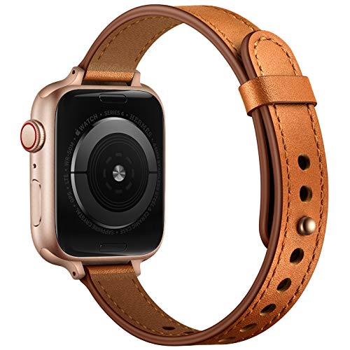 OUHENG Slim Band Compatible with Apple Watch Band 41mm 40mm 38mm, Women Genuine Leather Band Replacement Thin Strap for iWatch SE2 SE Series 8 7 6 5 4 3 2 1 (Brown/Rose Gold, 41mm 40mm 38mm)