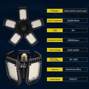 LUSAF 15000LM LED Garage Light 150W Aluminum Alloy Garage Ceiling Lights with E26 E27 Medium Base 5 Adjustable Panels Shop Light Barn Light Bay Light Garage Lighting