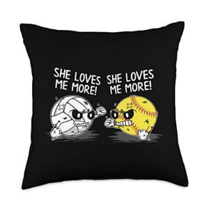volleyball - softball sports gift - dressedforduty she loves me more-volleyball softball-sports lover gifts throw pillow, 18x18, multicolor