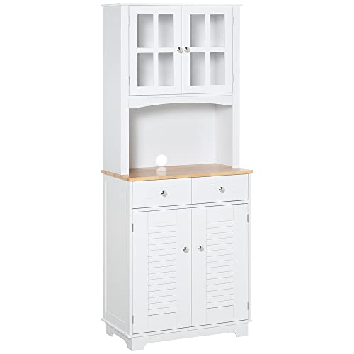 HOMCOM 67" Modern Buffet with Hutch, Louvered Kitchen Pantry Microwave Cabinet with Framed Glass Doors and 2 Drawers, White