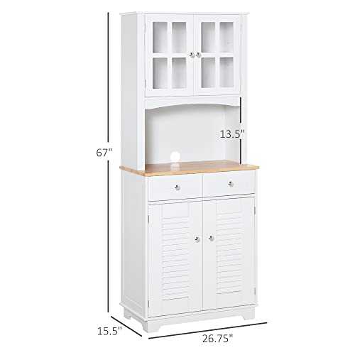 HOMCOM 67" Modern Buffet with Hutch, Louvered Kitchen Pantry Microwave Cabinet with Framed Glass Doors and 2 Drawers, White