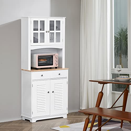 HOMCOM 67" Modern Buffet with Hutch, Louvered Kitchen Pantry Microwave Cabinet with Framed Glass Doors and 2 Drawers, White