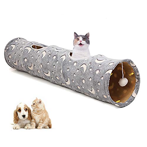 LUCKITTY Cat Tunnel Tube with Plush Ball Toys Collapsible Self-Luminous Photoluminescence, for Small Animals Pets Bunny Rabbits, Kittens, Ferrets,Puppy and Dogs Grey Moon Star