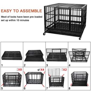 Otaid 48 Inch Heavy Duty Dog Crate Cage Kennel with Wheels, High Anxiety Indestructible Dog Crate, Sturdy Locks Design, Double Door and Removable Tray Design, Extra Large XL XXL Dog Crate